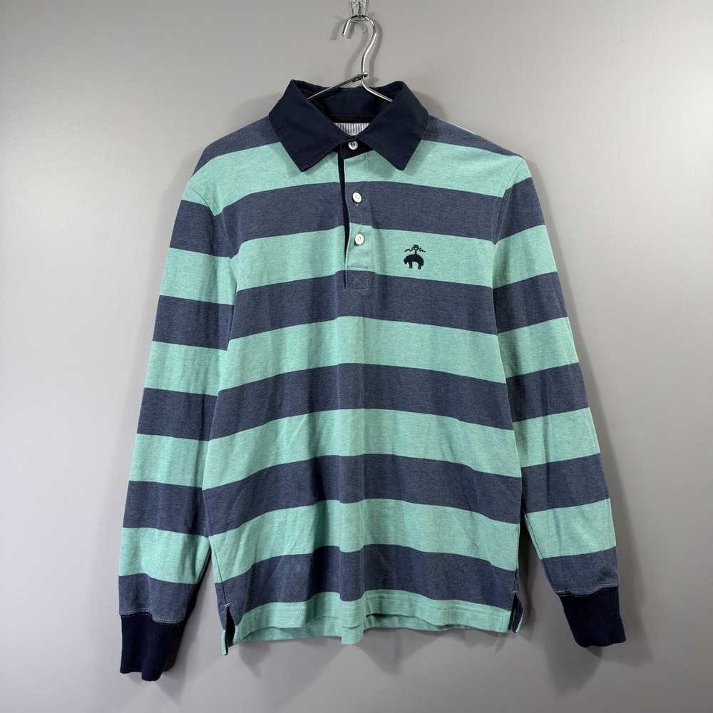 Brooks Brothers Polo Shirt Mens Small Green Blue Stripe Long Sleeve Cotton